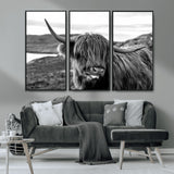 83810-MGV-CV-36X24-Highland Cow Wall Art – Black and White Highland Cattle Print, Rustic Farmhouse Animal Decor for Living Room or Office