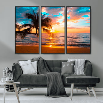 34674-MGV-CV-36X24-Tropical Sunset Beach Wall Art – Palm Tree Ocean Canvas Print, Coastal Seascape Decor for Living Room or Office Wall