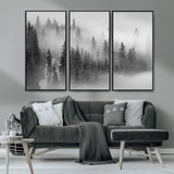57235-MGV-CV-36X24-Misty Pine Forest Wall Art – Black and White Mountain Landscape Canvas Print, Nature Woodland Decor for Living Room, Bedroom or