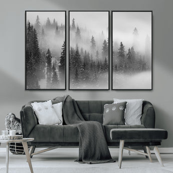 57235-MGV-CV-36X24-Misty Pine Forest Wall Art – Black and White Mountain Landscape Canvas Print, Nature Woodland Decor for Living Room, Bedroom or