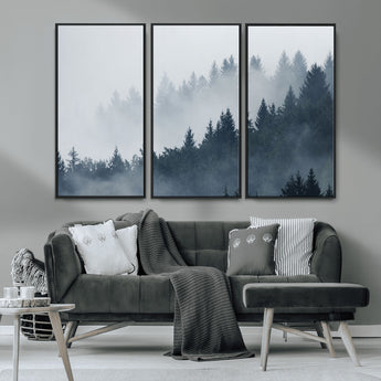23671-MGV-FC-48X32-3P_Black-Misty Forest Wall Art – Serene Foggy Pine Trees Landscape Canvas Print, Tranquil Nature Decor for Living Room, Bedroom or Office
