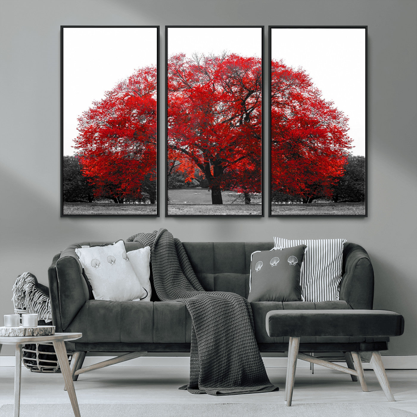 80021-MGV-CV-36X24-Red Tree Wall Art – Striking Black and White Landscape Canvas Print with Vibrant Red Leaves, Modern Nature Decor for Living Room