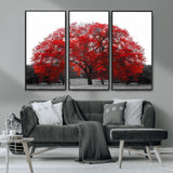80021-MGV-CV-36X24-Red Tree Wall Art – Striking Black and White Landscape Canvas Print with Vibrant Red Leaves, Modern Nature Decor for Living Room