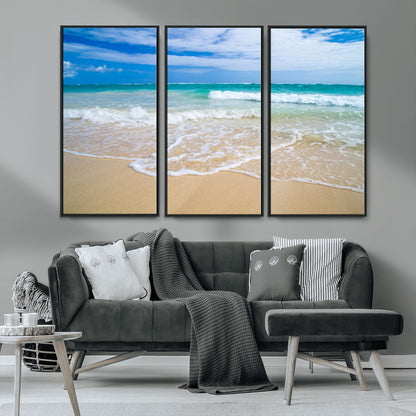 20660-MGV-CV-36X24-Ocean Wave Beach Wall Art – Serene Blue Sea and Sandy Shore Canvas Print, Coastal Landscape Photography Decor for Living Room or
