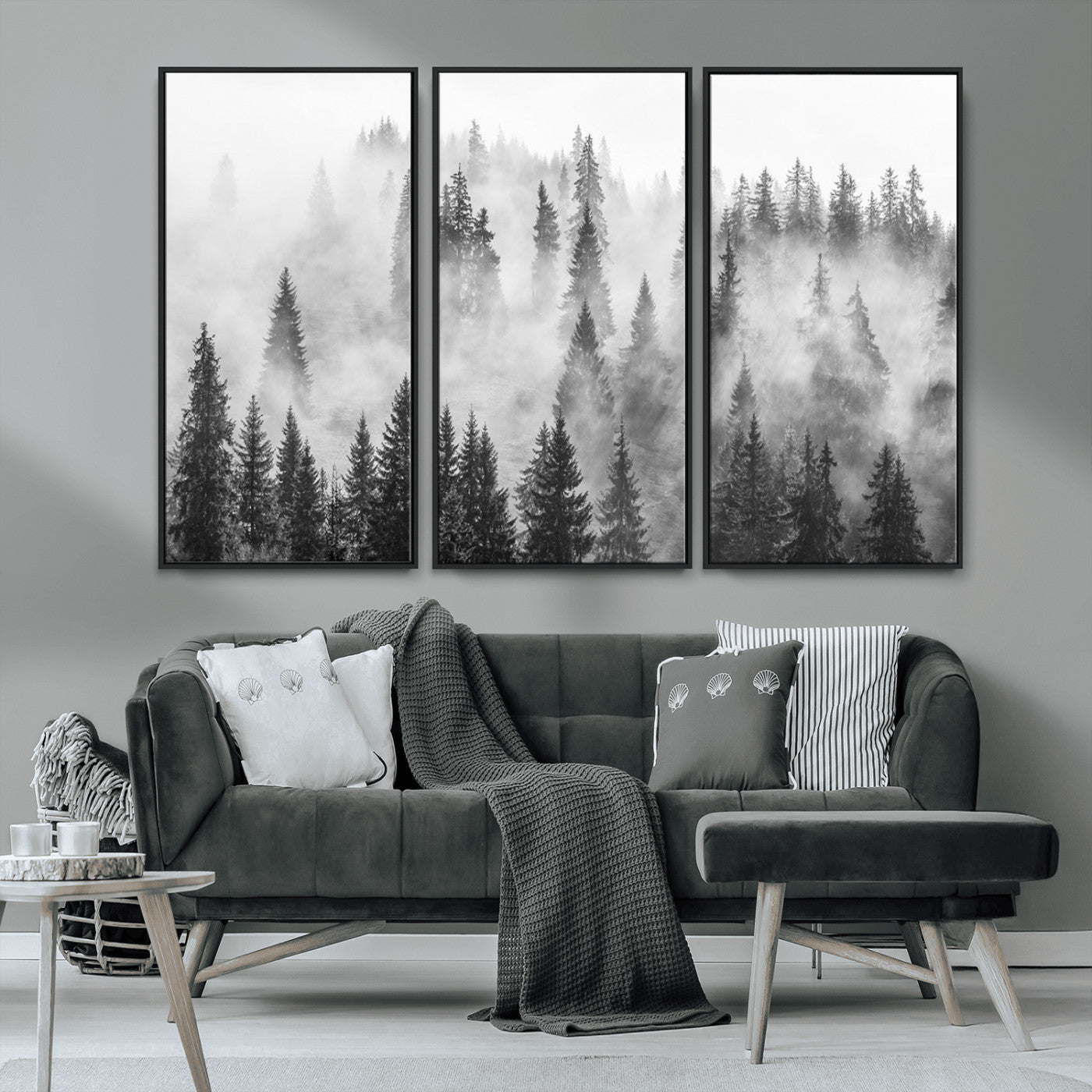 10422-MGV-FC-48X32-3P_Black-Misty Pine Forest Wall Art – Black and White Foggy Landscape Canvas Print, Serene Nature Woodland Decor for Bedroom, Office or