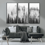 10422-MGV-FC-48X32-3P_Black-Misty Pine Forest Wall Art – Black and White Foggy Landscape Canvas Print, Serene Nature Woodland Decor for Bedroom, Office or