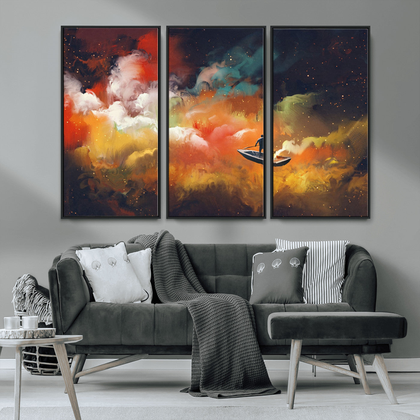 45085-MGV-CV-36X24-Surreal Cosmic Wall Art – Abstract Galaxy Dreamscape Canvas Print with Man and Dog in Boat, Fantasy Nebula Painting for Living
