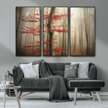 61855-MGV-CV-36X24-Misty Forest Wall Art – Red Tree with Autumn Leaves Canvas Print, Moody Woodland Nature Decor for Living Room, Bedroom, or Office