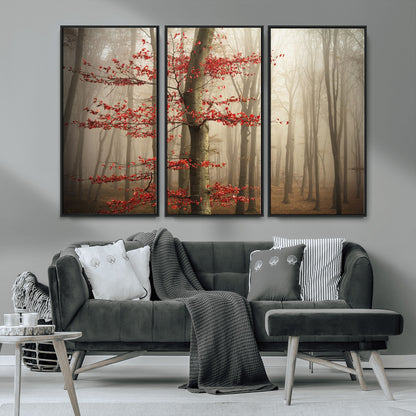 61855-MGV-CV-36X24-Misty Forest Wall Art – Red Tree with Autumn Leaves Canvas Print, Moody Woodland Nature Decor for Living Room, Bedroom, or Office