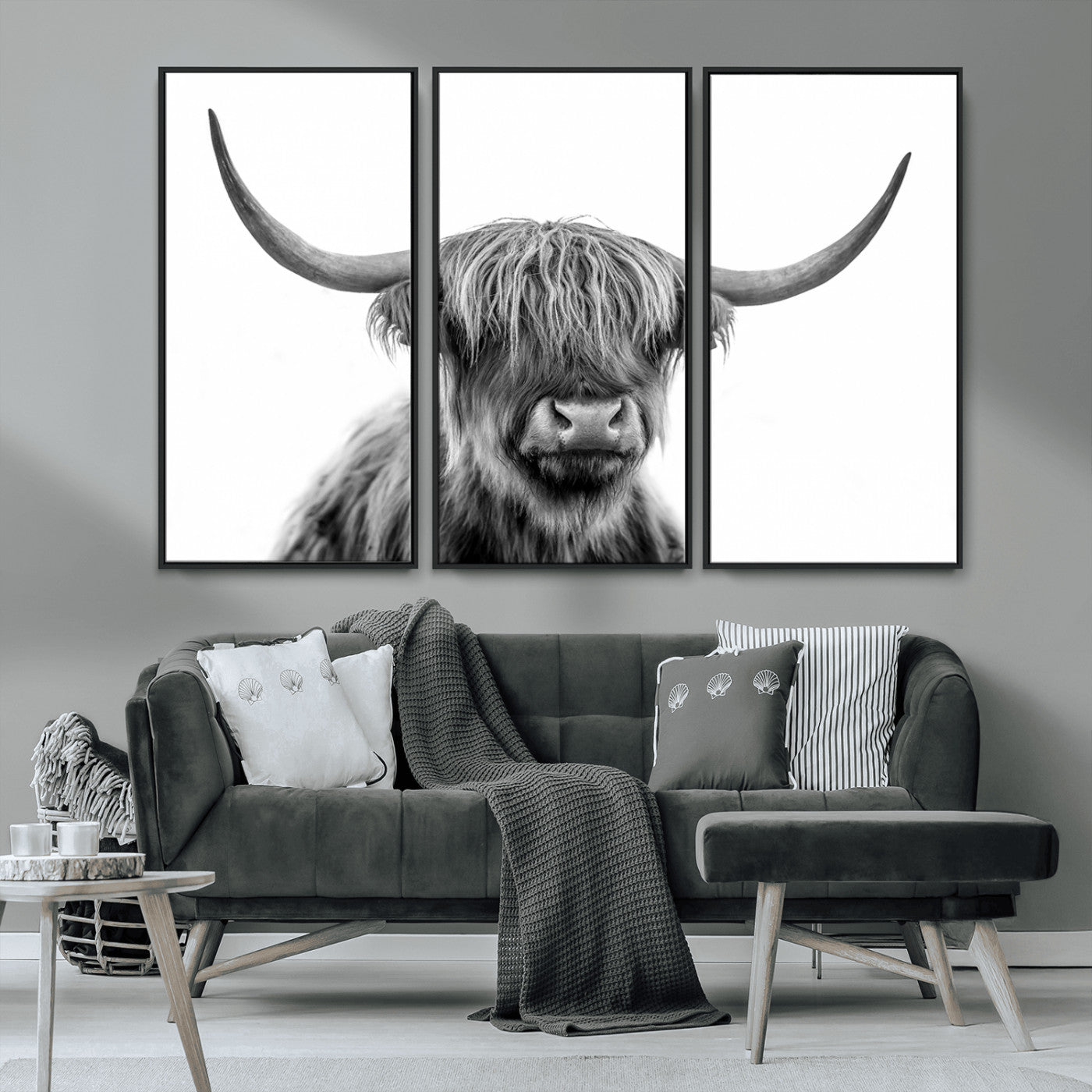10123-MGV-CV-36X24-Black and White Highland Cow Wall Art – Modern Farmhouse Animal Print, Rustic Scottish Bull Canvas Decor for Living Room, Bedroom,
