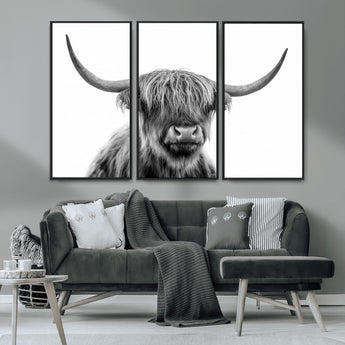 10123-MGV-CV-36X24-Black and White Highland Cow Wall Art – Modern Farmhouse Animal Print, Rustic Scottish Bull Canvas Decor for Living Room, Bedroom,
