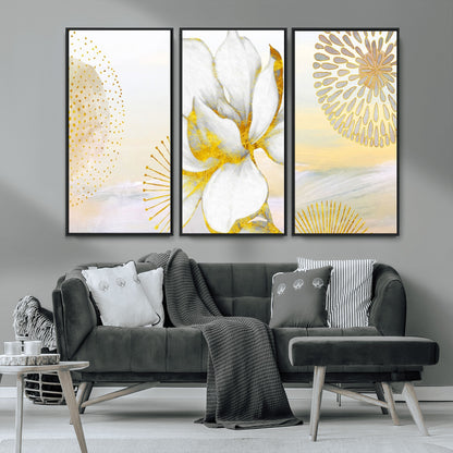 82301-MGV-CV-36X24-Modern Floral Wall Art – White Flower with Gold Detailing Canvas Print, Elegant Abstract Artwork for Living Room, Bedroom, or