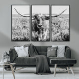 77320-MGV-CV-36X24-Texas Longhorn Wall Art – Black and White Western Cattle Canvas Print, Rustic Farmhouse Animal Photography Decor for Living Room,