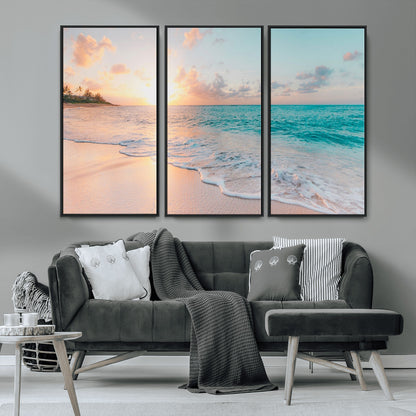 36554-MGV-CV-36X24-Tropical Beach Sunset Wall Art – Ocean Waves and Palm Canvas Print, Coastal Seascape Photography Decor for Living Room, Bedroom,