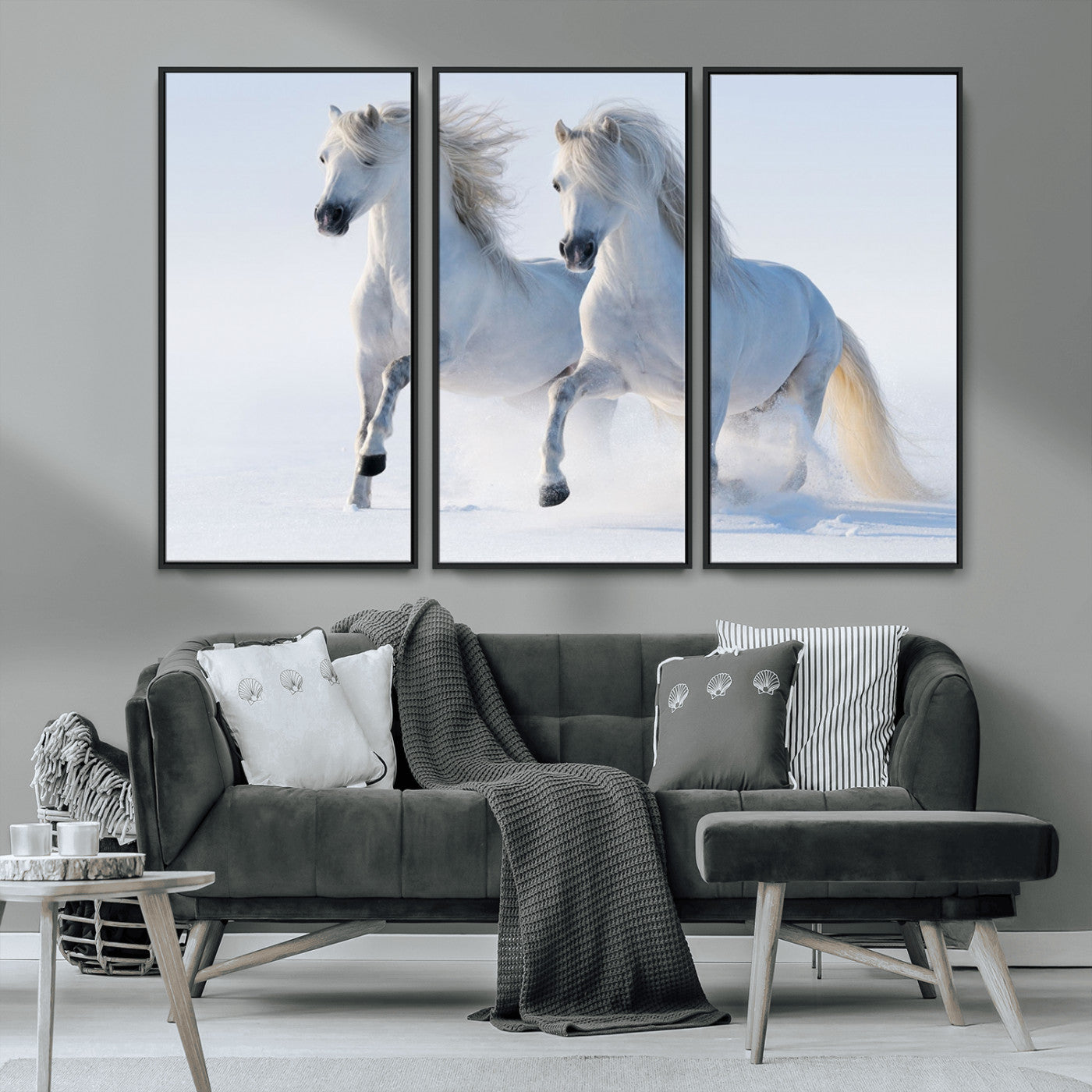 80145-MGV-CV-36X24-White Horses Running Snow Wall Art – Majestic Equine Canvas Print, Winter Nature Photography Decor for Living Room, Office,