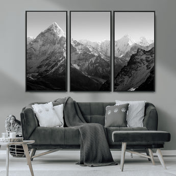 10775-MGV-CV-36X24-Snow Capped Mountain Wall Art – Black and White Canvas Print of Majestic Peaks, Nature Landscape Photography for Office, Bedroom,