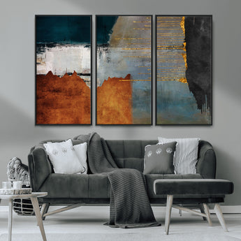 35026-MGV-FC-48X32-3P_Black-Abstract Canvas Wall Art – Modern Teal, Rust, Black and Gold Textured Painting, Contemporary Decor for Living Room, Bedroom or