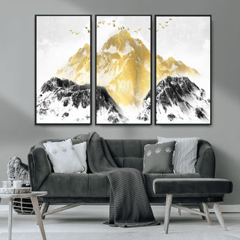 37733-MGV-CV-36X24-Golden Mountain Wall Art – Modern Abstract Landscape Canvas Print with Birds, Luxury Nature Decor for Living Room, Bedroom, or
