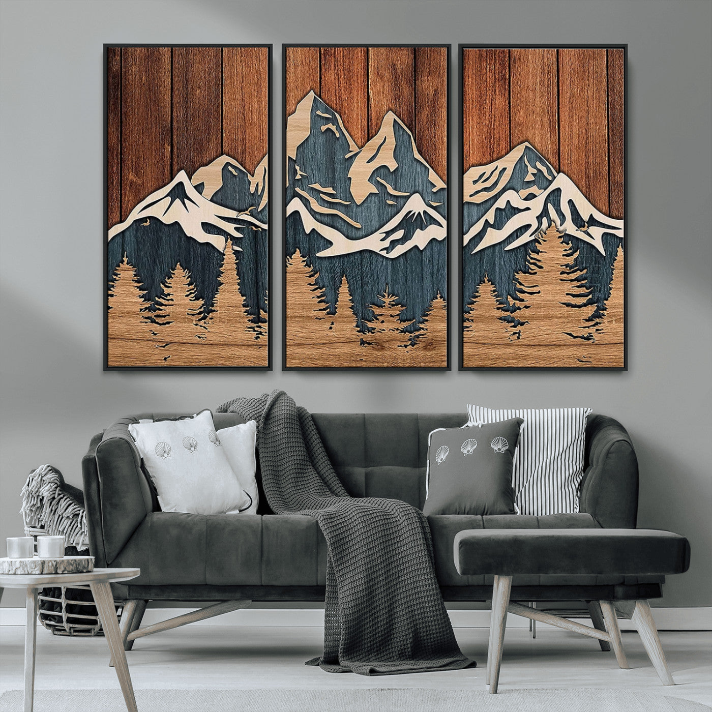 41330-MGV-CV-36X24-Rustic Mountain Wall Art – Wooden Nature Scene with Trees and Peaks, Handmade 3D Layered Decor for Living Room, Cabin or Office