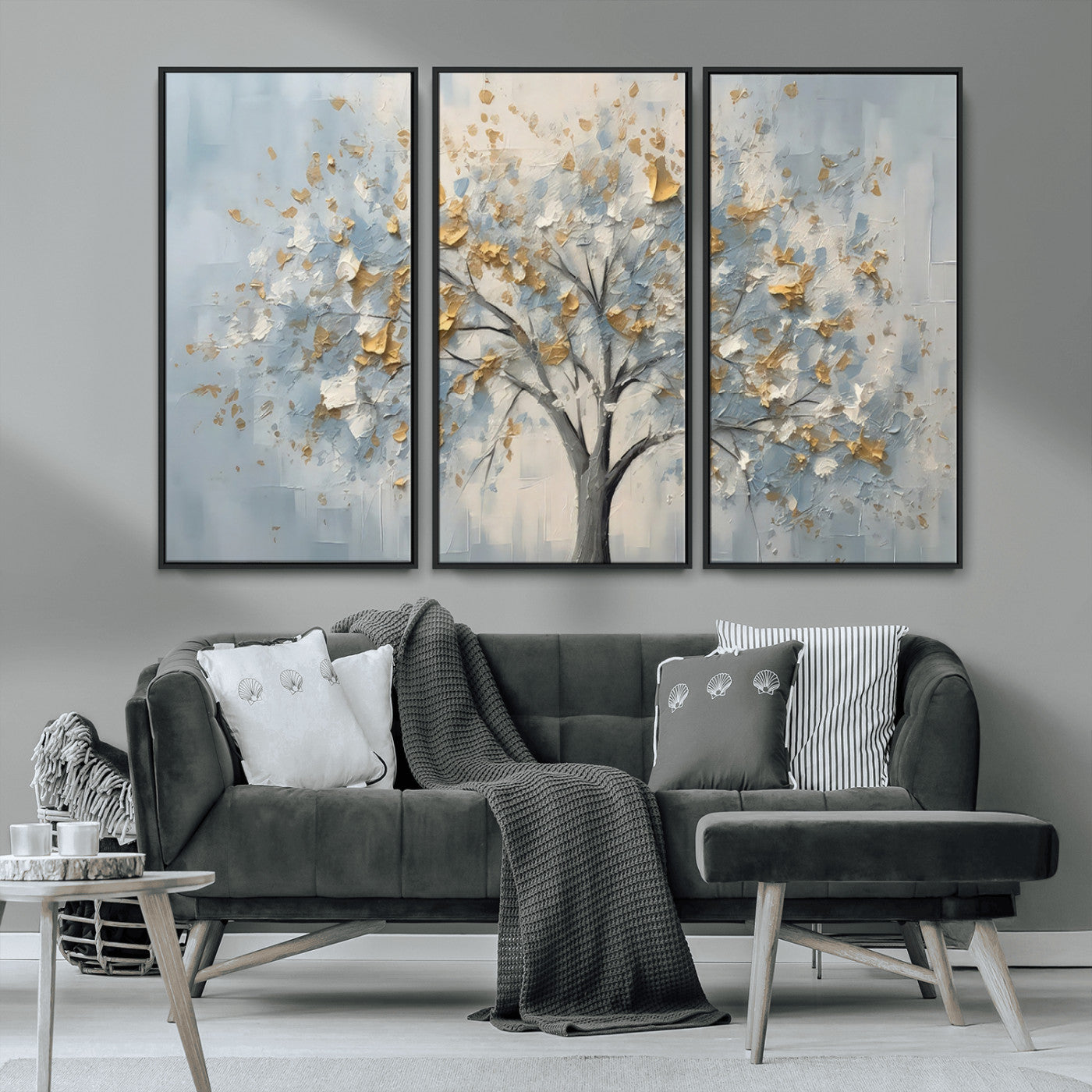 65811-MGV-CV-36X24-Abstract Tree Wall Art – Textured Canvas Painting with Gold and White Leaves, Modern Nature Inspired Decor for Living Room or