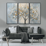 65811-MGV-CV-36X24-Abstract Tree Wall Art – Textured Canvas Painting with Gold and White Leaves, Modern Nature Inspired Decor for Living Room or