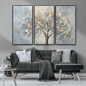 65811-MGV-CV-36X24-Abstract Tree Wall Art – Textured Canvas Painting with Gold and White Leaves, Modern Nature Inspired Decor for Living Room or