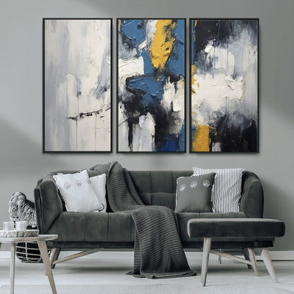 63850-MGV-FC-48X32-3P_Black-Abstract Blue and Yellow Wall Art – Modern Textured Canvas Painting, Bold Contemporary Artwork for Living Room, Bedroom or Office