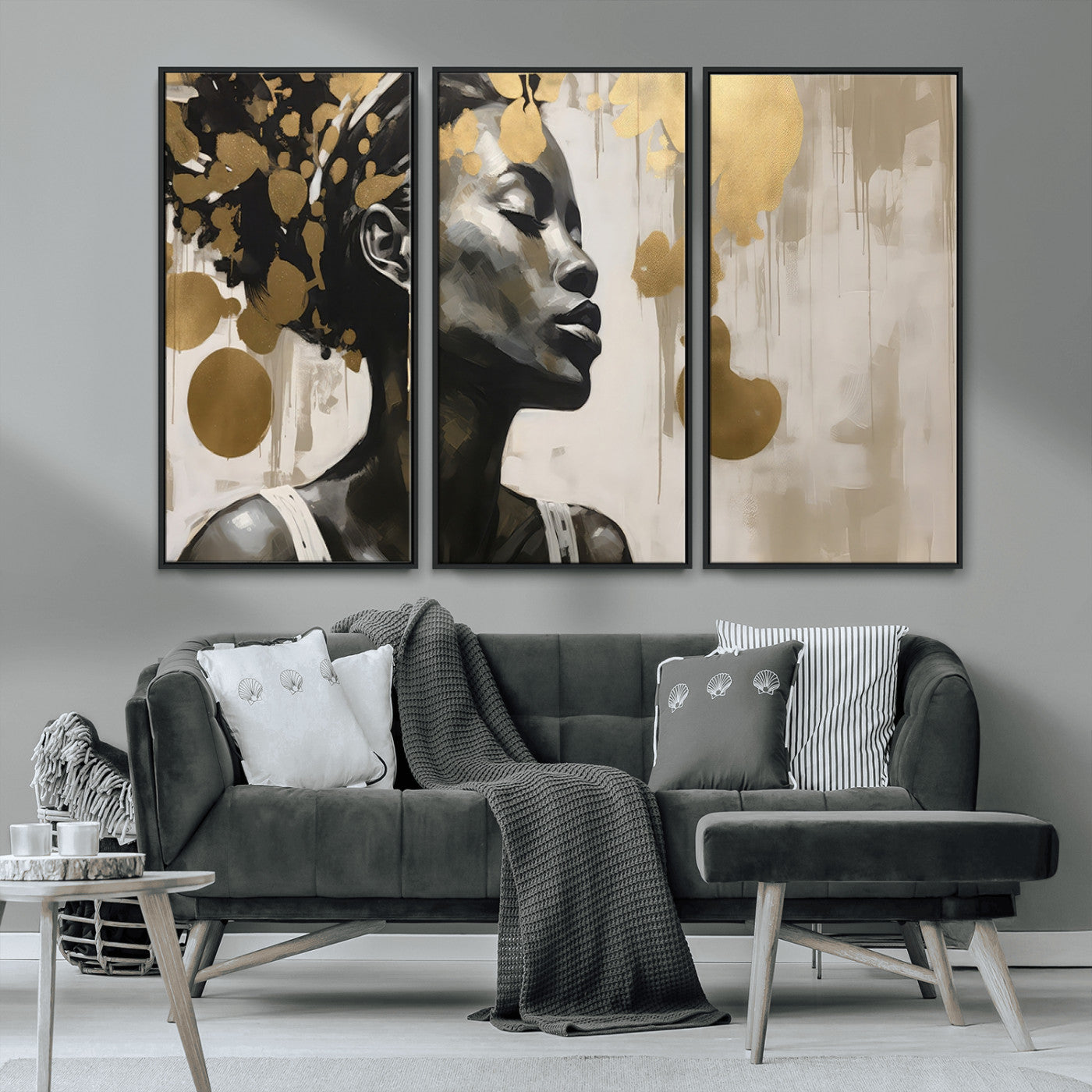 65669-MGV-CV-36X24-Elegant Black Woman Wall Art – Modern Abstract Portrait Canvas with Gold Accents, Contemporary Afrocentric Decor for Living Room