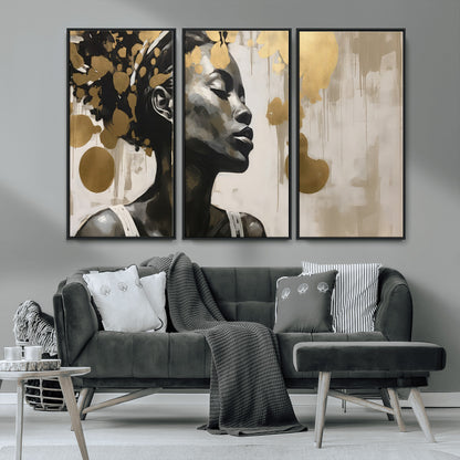65669-MGV-CV-36X24-Elegant Black Woman Wall Art – Modern Abstract Portrait Canvas with Gold Accents, Contemporary Afrocentric Decor for Living Room