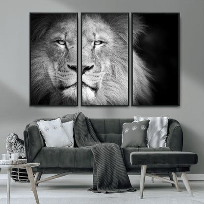 94453-MGV-FC-48X32-3P_Black-Lion Portrait Wall Art – Black and White King of the Jungle Canvas Print, Safari Wildlife Decor for Office, Bedroom, or Living
