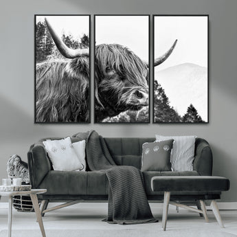 61570-MGV-CV-36X24-Highland Cow Wall Art – Black and White Scottish Bull Canvas Print, Rustic Farmhouse Animal Decor for Living Room, Bedroom, or
