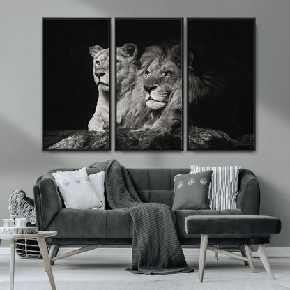 80013-MGV-CV-36X24-Lion and Lioness Wall Art – Black and White Wildlife Photography Canvas Print, African Safari Animal Decor for Office, Bedroom, or