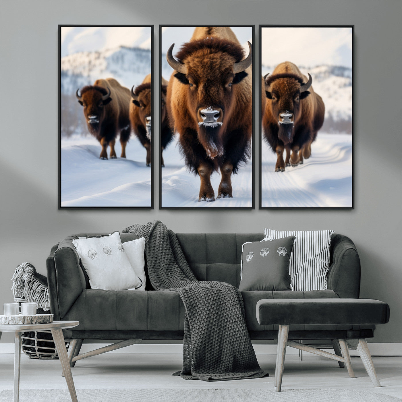 56701-MGV-FC-48X32-3P_Black-Bison Herd Wall Art – Buffalo Walking in Snowy Mountains Canvas Print, Rustic Wildlife Decor for Cabin, Lodge, or Living Room