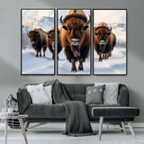 56701-MGV-FC-48X32-3P_Black-Bison Herd Wall Art – Buffalo Walking in Snowy Mountains Canvas Print, Rustic Wildlife Decor for Cabin, Lodge, or Living Room