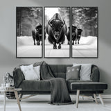 45287-MGV-CV-36X24-Bison Herd Wall Art – Black and White Buffalo Snow Road Canvas Print, Rustic Wildlife Decor for Cabin, Lodge or Living Room