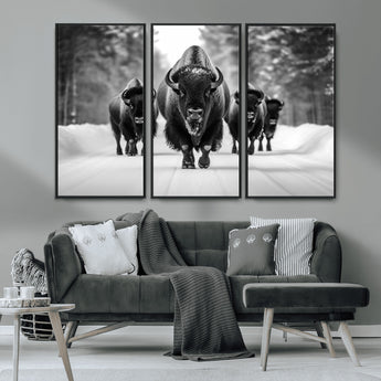 45287-MGV-CV-36X24-Bison Herd Wall Art – Black and White Buffalo Snow Road Canvas Print, Rustic Wildlife Decor for Cabin, Lodge or Living Room