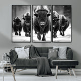 79872-MGV-CV-36X24-Bison Herd Wall Art – Black and White Buffalo on Snow Canvas Print, Rustic Wildlife Decor for Lodge, Cabin, or Living Room