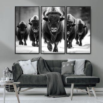 79872-MGV-CV-36X24-Bison Herd Wall Art – Black and White Buffalo on Snow Canvas Print, Rustic Wildlife Decor for Lodge, Cabin, or Living Room