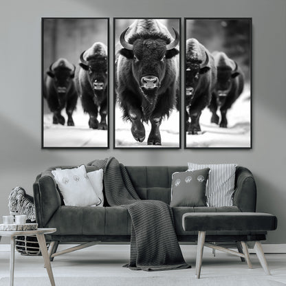 79872-MGV-CV-36X24-Bison Herd Wall Art – Black and White Buffalo on Snow Canvas Print, Rustic Wildlife Decor for Lodge, Cabin, or Living Room