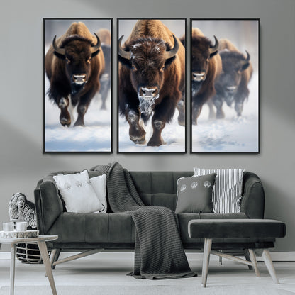 80512-MGV-CV-36X24-Bison Herd Wall Art – Buffalo Running in Snow Canvas Print, Rustic Wildlife Photography Decor for Cabin, Lodge, or Living Room