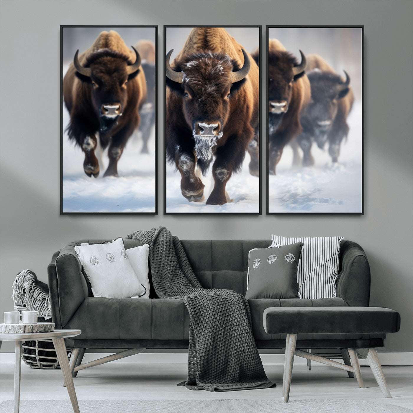 80512-MGV-CV-36X24-Bison Herd Wall Art – Buffalo Running in Snow Canvas Print, Rustic Wildlife Photography Decor for Cabin, Lodge, or Living Room