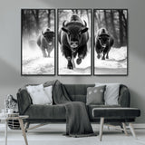 97552-MGV-CV-36X24-Black and White Bison Wall Art – Buffalo Herd Running in Snow Canvas Print, Rustic Wildlife Photography Decor for Cabin, Lodge, or