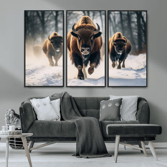 56549-MGV-FC-48X32-3P_Black-Wild Bison Wall Art – Majestic Buffalo Herd Running in Snow Canvas Print, Rustic Wildlife Photography Decor for Cabin, Lodge, or