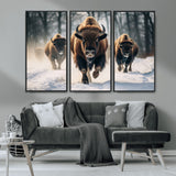 56549-MGV-CV-36X24-Wild Bison Wall Art – Majestic Buffalo Herd Running in Snow Canvas Print, Rustic Wildlife Photography Decor for Cabin, Lodge, or