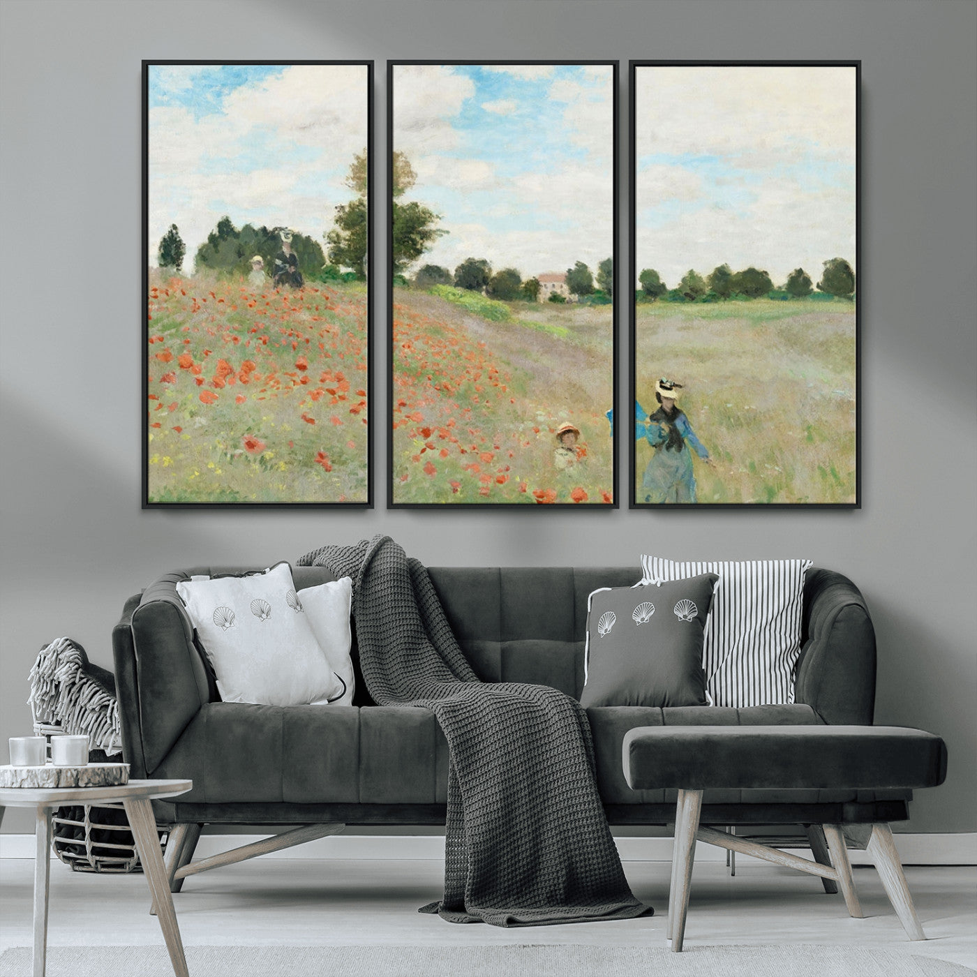 74890-MGV-FC-48X32-3P_Black-Monet Poppy Field Wall Art – Impressionist Landscape Canvas Print, Classic French Artwork for Living Room, Bedroom or Office Decor