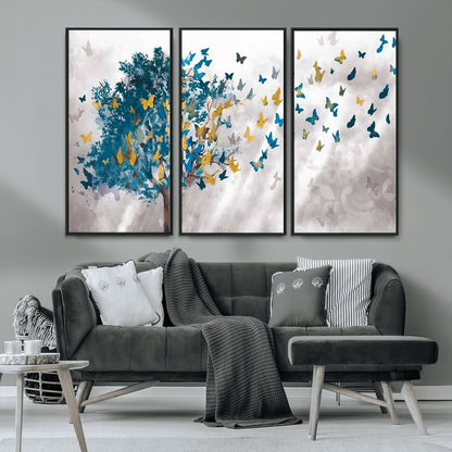 37564-MGV-CV-36X24-Butterfly Tree Wall Art – Modern Nature Canvas Print with Blue and Golden Butterflies, Elegant Decorative Painting for Living Room