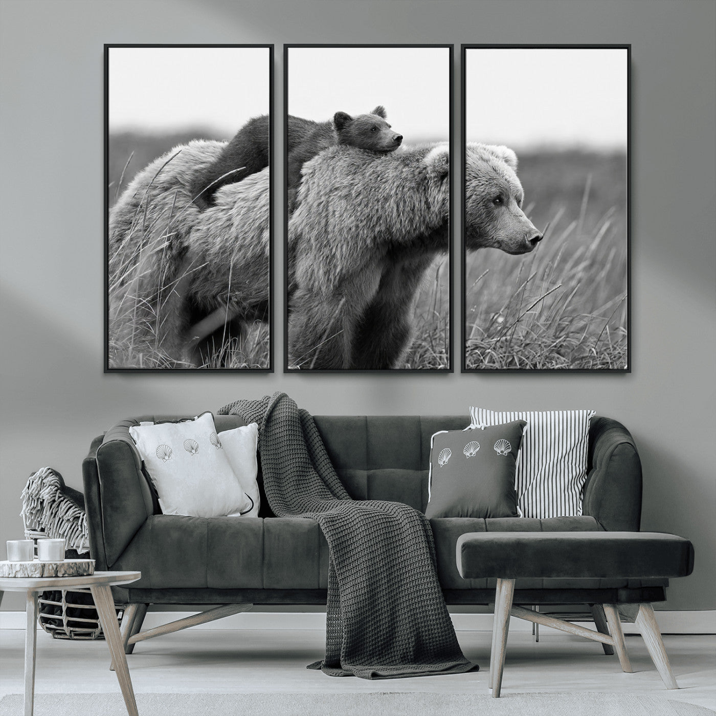 76338-MGV-CV-36X24-Mother Bear and Cub Wall Art – Black and White Wildlife Canvas Print, Rustic Nature Photography for Cabin, Living Room or Office