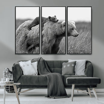 76338-MGV-CV-36X24-Mother Bear and Cub Wall Art – Black and White Wildlife Canvas Print, Rustic Nature Photography for Cabin, Living Room or Office