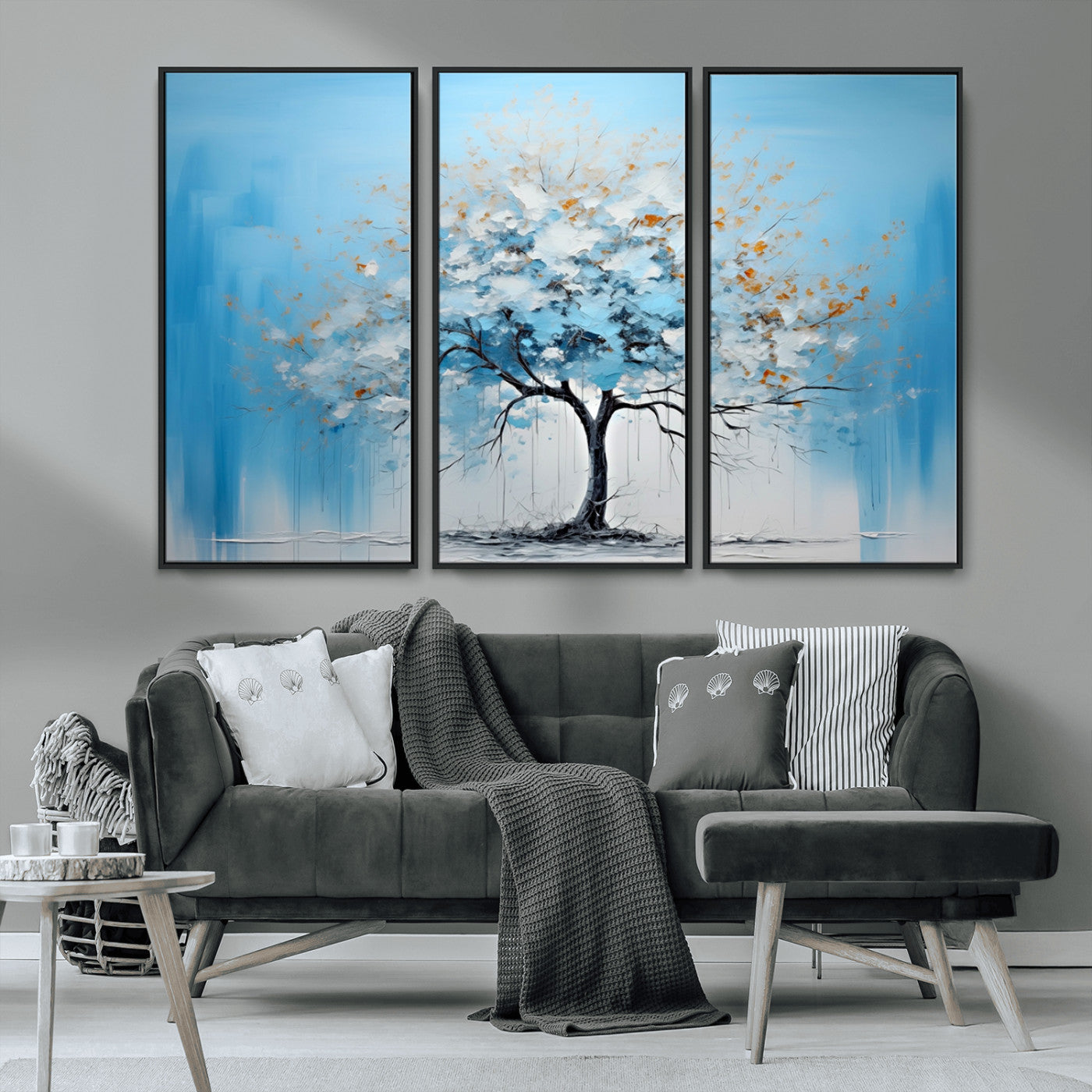 25021-MGV-CV-36X24-Abstract Tree Wall Art – Blue and White Canvas Painting with Gold Accents, Modern Nature-Inspired Artwork for Living Room, Bedroom