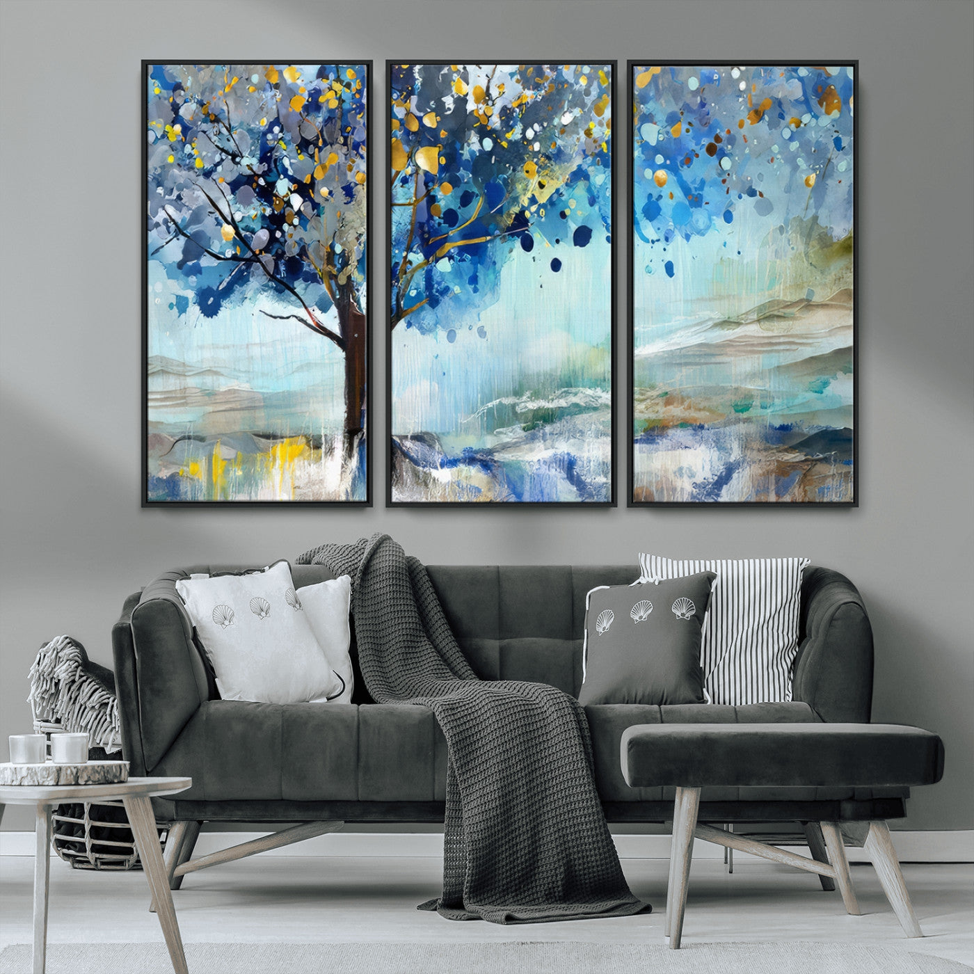 17018-MGV-CV-36X24-Abstract Blue Tree Wall Art – Colorful Canvas Painting with Gold and Silver Accents, Modern Nature Artwork for Living Room,